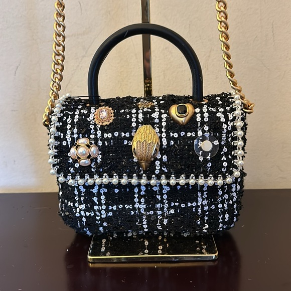 NWTGS Kurt Geiger black and white plaid bejeweled fabric handle mini Kensington! - Picture 9 of 9